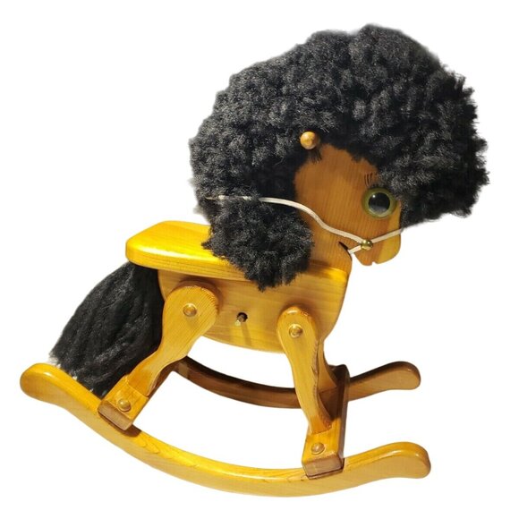Vintage Wooden Rocking Horse Toy With Afro Hair Plays Music Playtime Decor - Picture 2 of 9